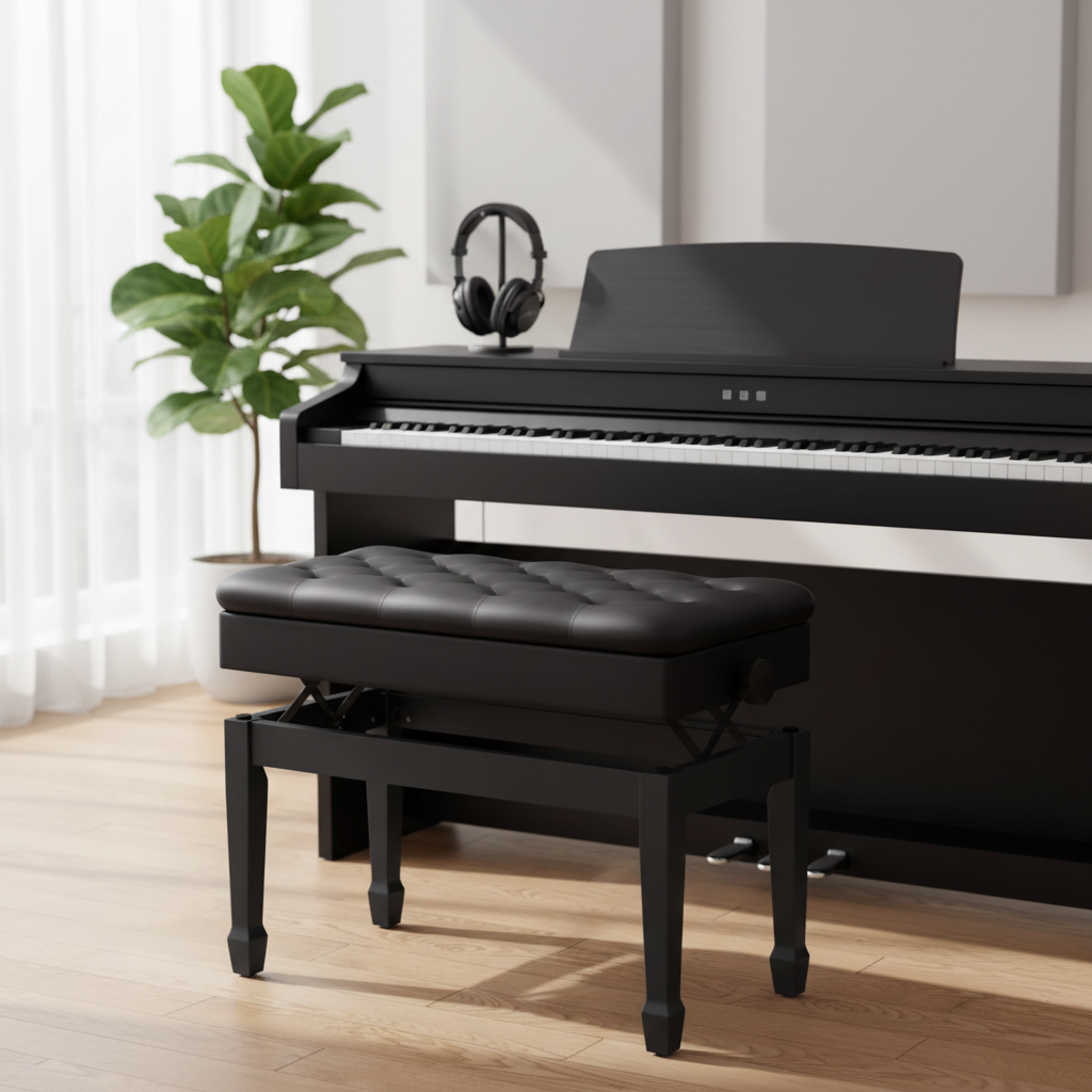 Banc de Piano avec Rangement, Cuir Noir