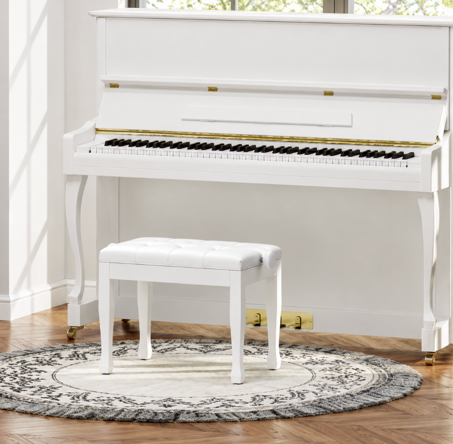 Banc de Piano Réglable en Bois Massif, Blanc